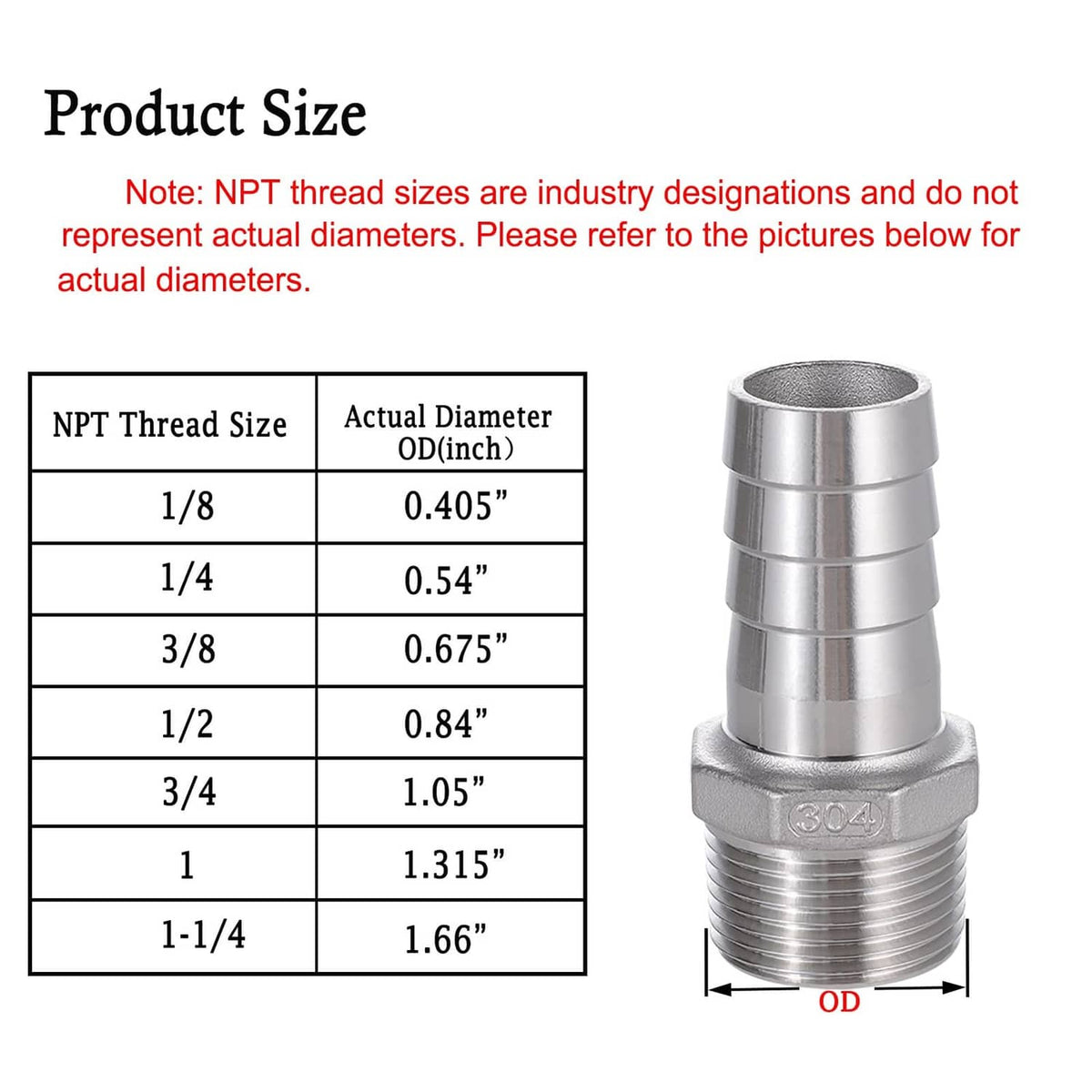 Stainless hose barb fitting size chart graphic with NPT thread to diameter notes