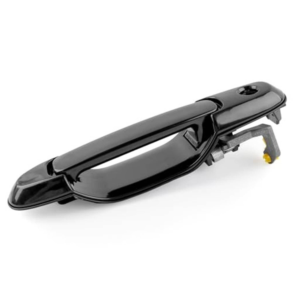 Black exterior door handle, glossy finish, with mounting posts and screw stud