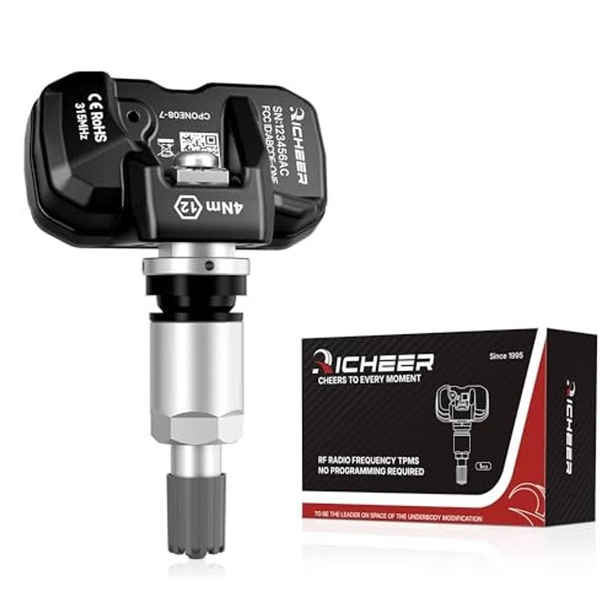 Variable-angle TPMS sensor with packaging box and valve stem in view