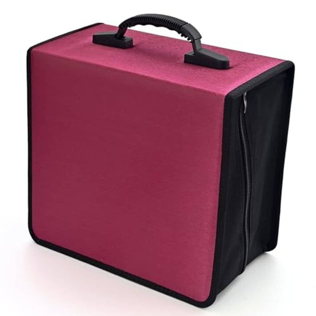 Red and black CD/DVD storage case with top carry handle and zippered closure.