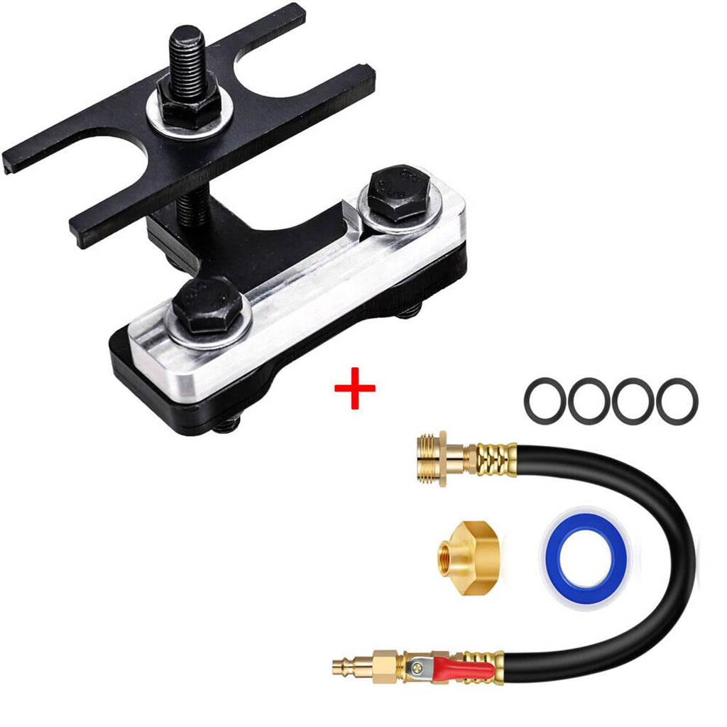 Valve spring compressor with air holding hose set, black hoses, gold fittings, and O-rings
