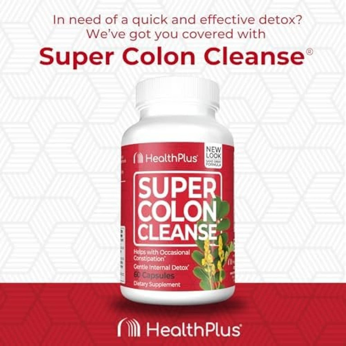 HealthPlus dietary supplement bottle with red label, white cap, 60 capsules