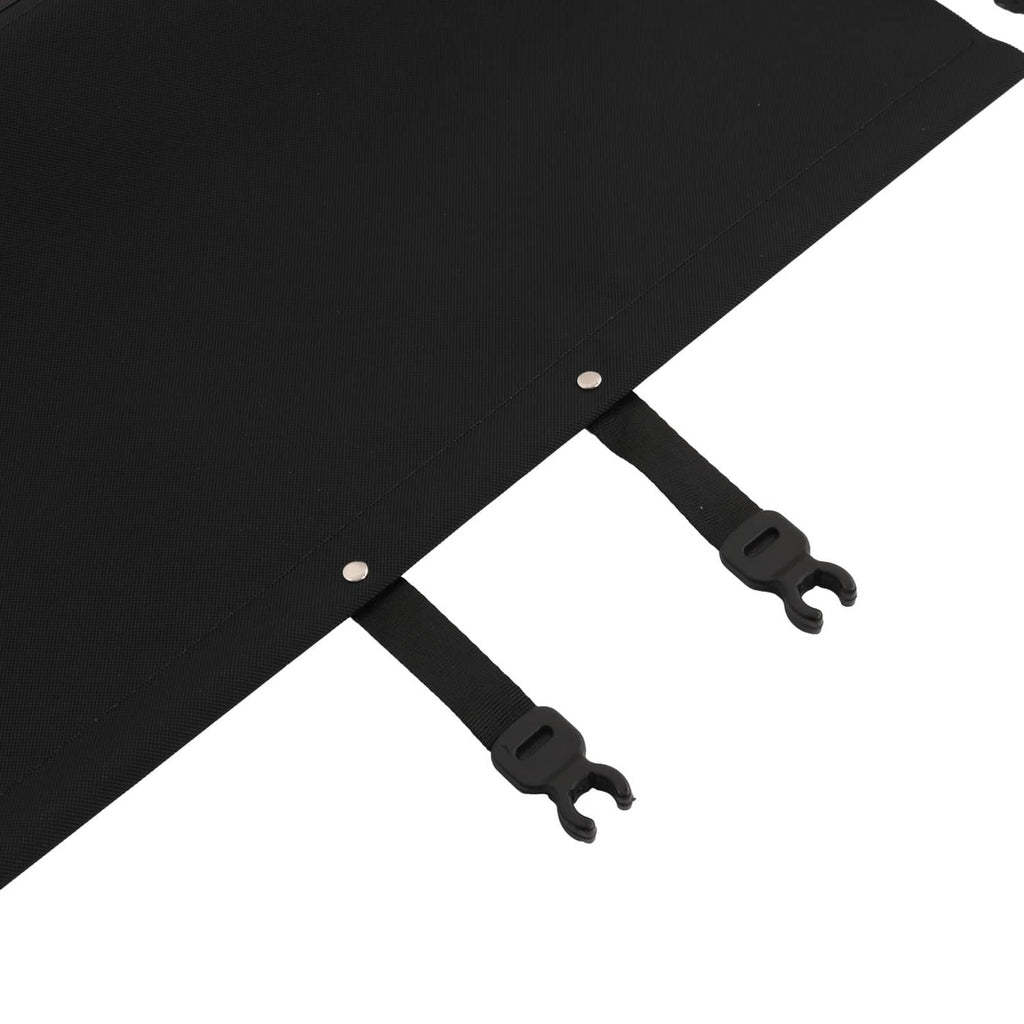 Black mounting straps with snap hooks on trunk security shade cover.