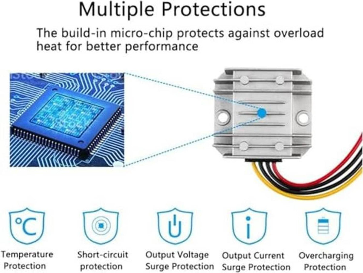 DC voltage regulator microchip protections diagram with temperature, short-circuit, and current limits