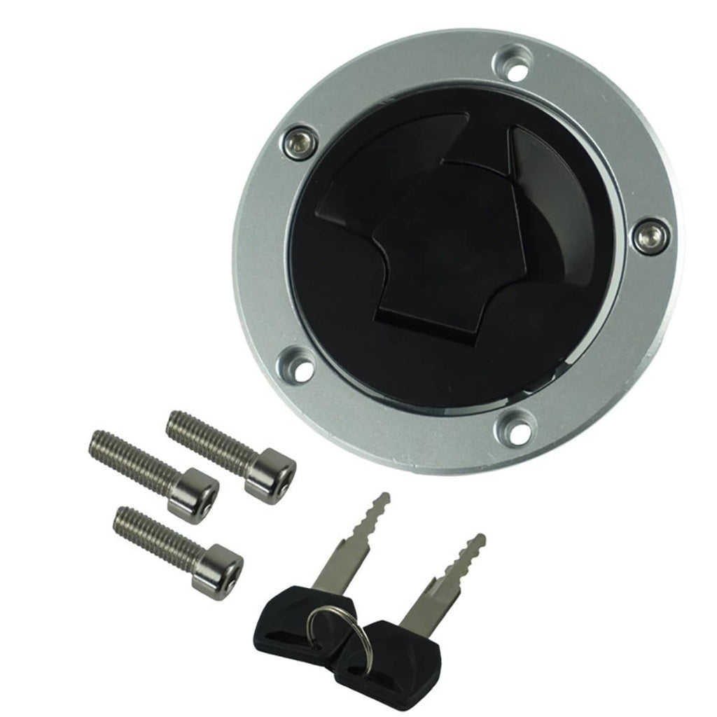 Fuel tank gas cap lock, round silver housing with black locking face and mounting screws