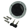 Fuel tank gas cap lock, round silver housing with black locking face and mounting screws
