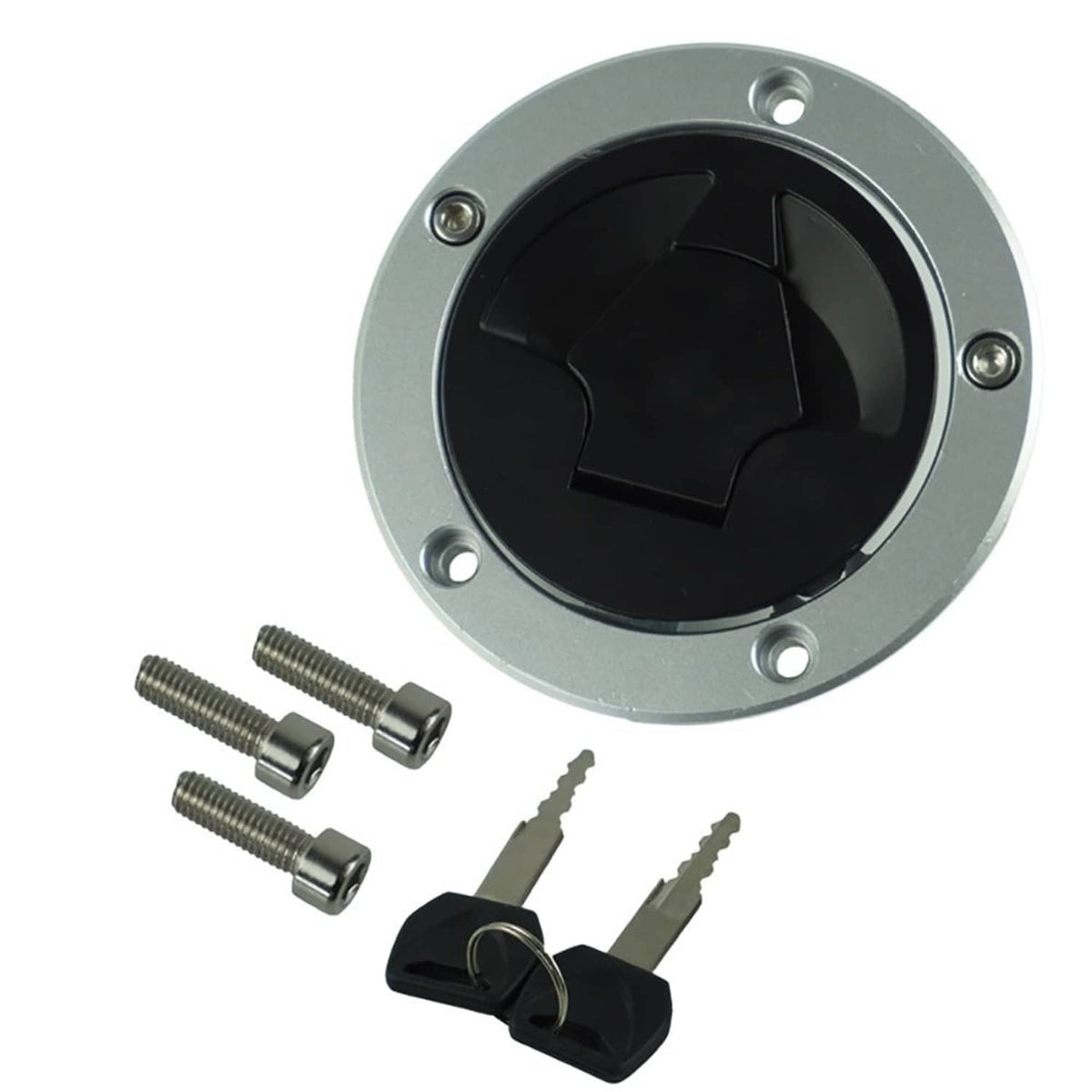 Fuel tank gas cap lock, round silver housing with black locking face and mounting screws