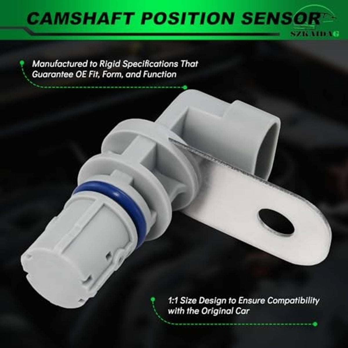 Camshaft position sensor with gray connector, blue seal, and mounting plate
