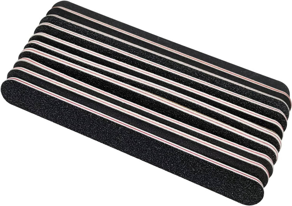 Stack of black double-sided nail file bars with fine grit.