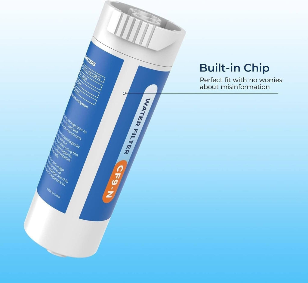 Refrigerator water filter cartridge, white cylinder with blue label and built-in chip