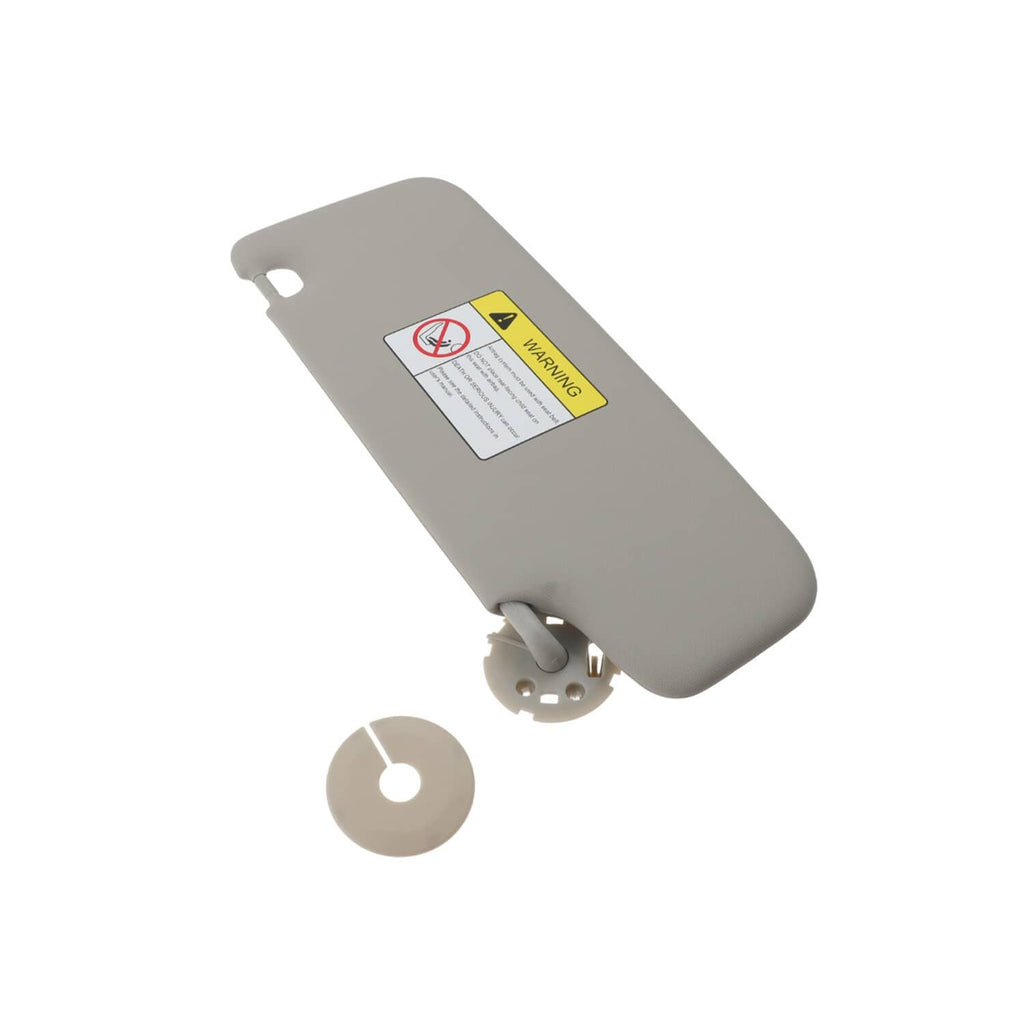 Gray left sun visor with warning label, angled view with included screw cover