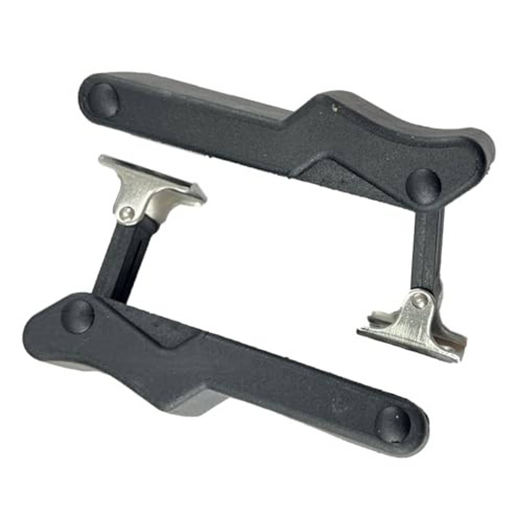 Two black storage rack latch frames with silver metal spring clips