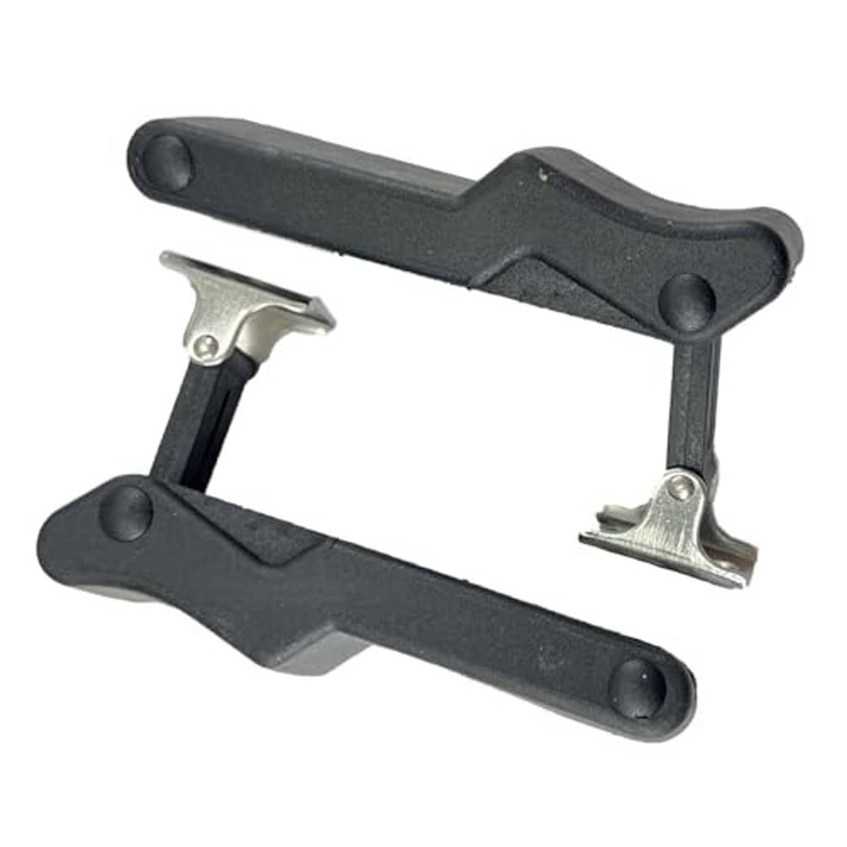Two black storage rack latch frames with silver metal spring clips