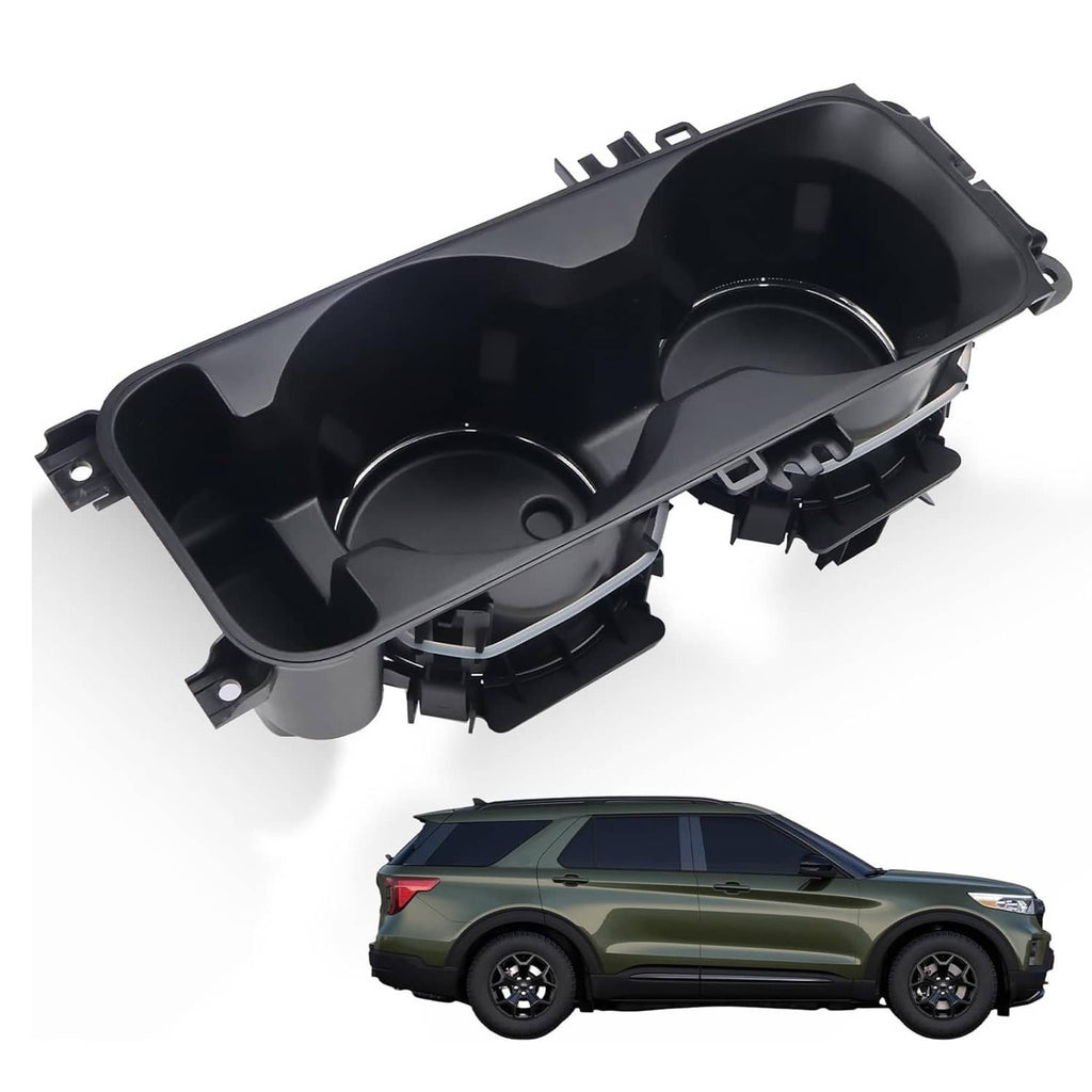 Black center console cup holder insert with two round cup openings and mounting tabs