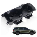Black center console cup holder insert with two round cup openings and mounting tabs