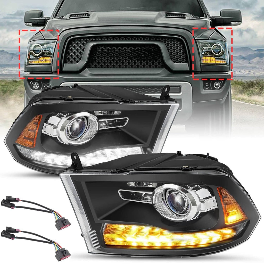 Black projector headlight housing with chrome lens and amber side marker
