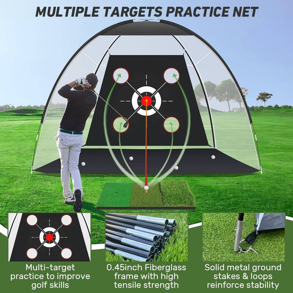 Golf practice net with multi-target target board, fiberglass rods, and ground stakes