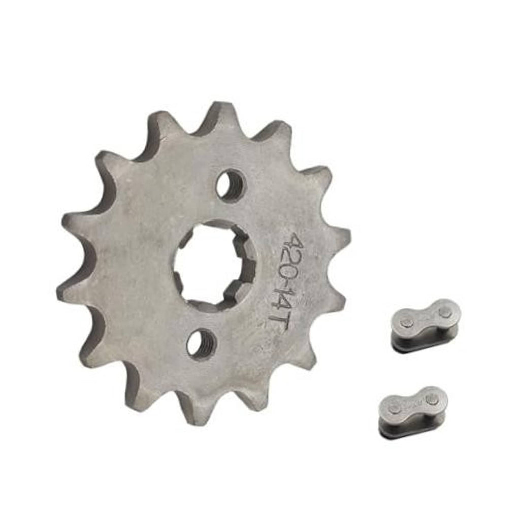 Steel front sprocket with 14T marking, 17mm center bore, and two mounting holes