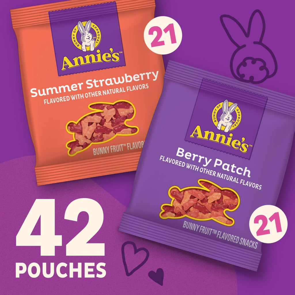 Assorted bunny fruit snack pouches: Summer Strawberry and Berry Patch, 42 count