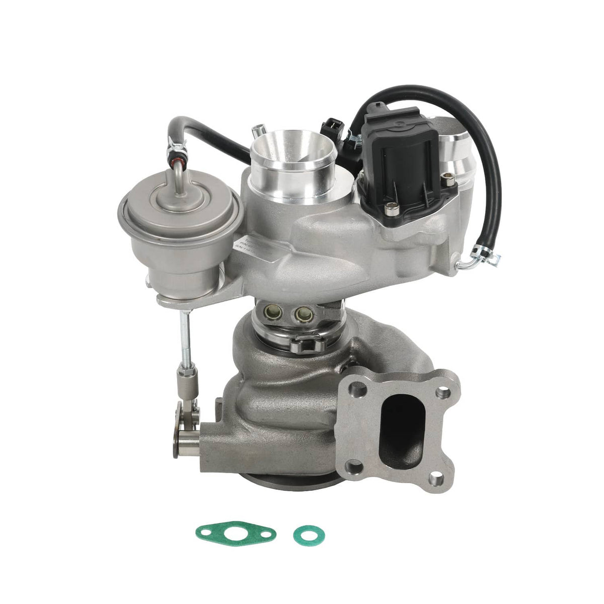 Turbocharger with metal housing, vacuum lines, sensor connector, and mounting flange