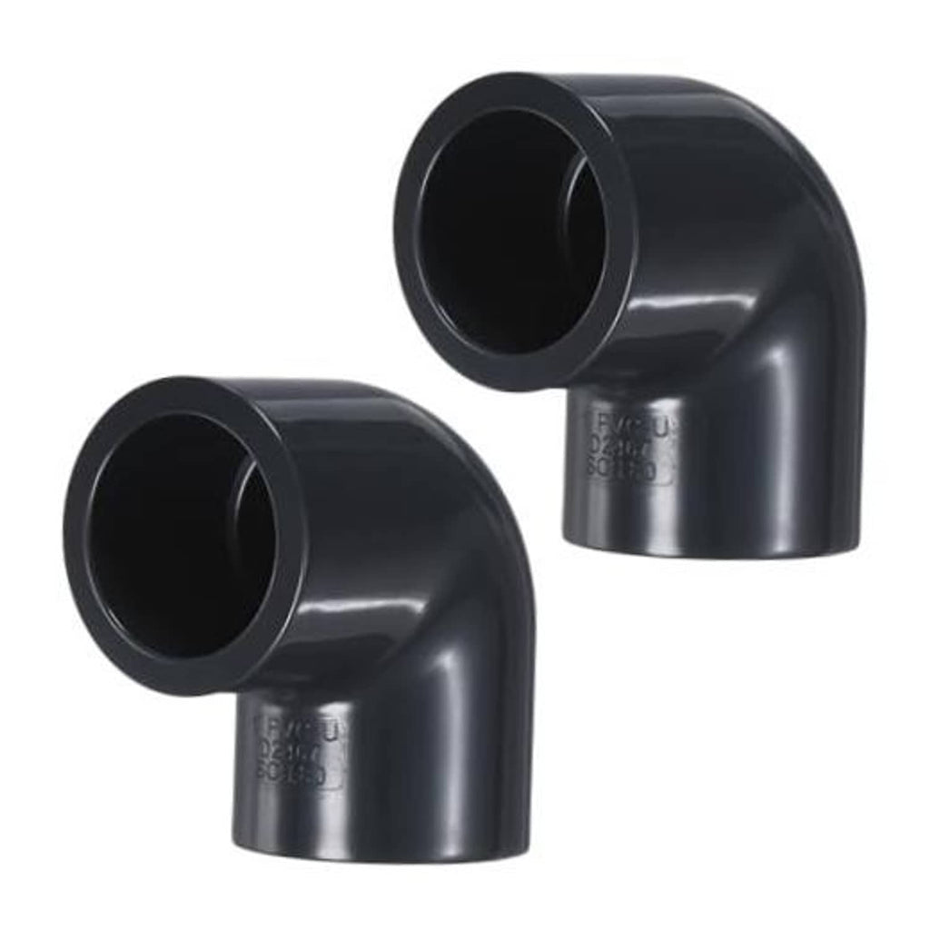 Black 90-degree UPVC socket pipe elbow connector, two-pack with open pipe ends