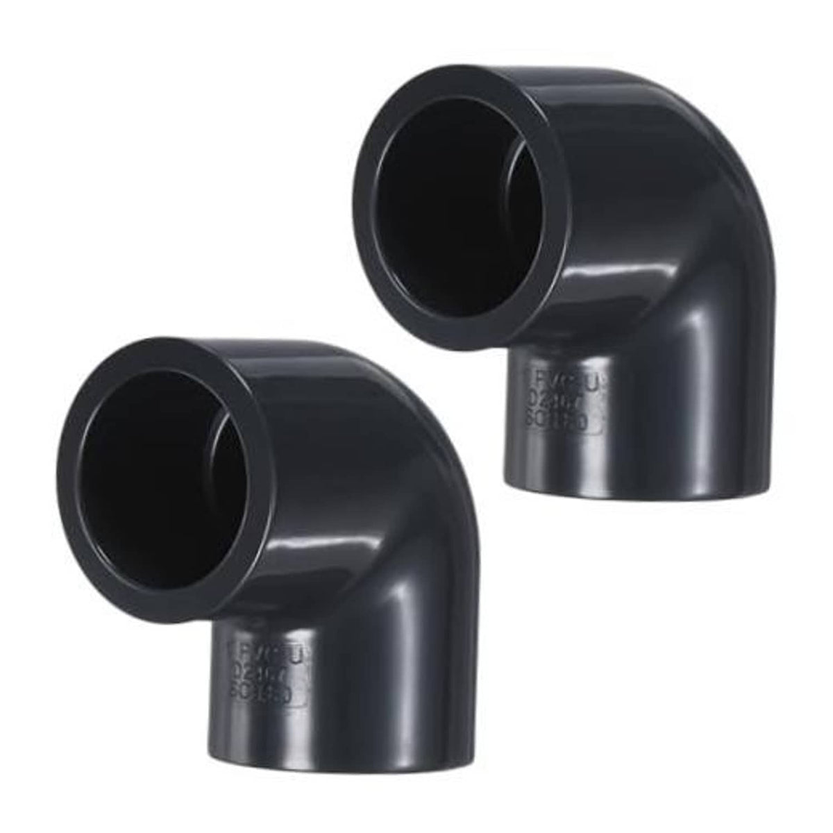 Black 90-degree UPVC socket pipe elbow connector, two-pack with open pipe ends