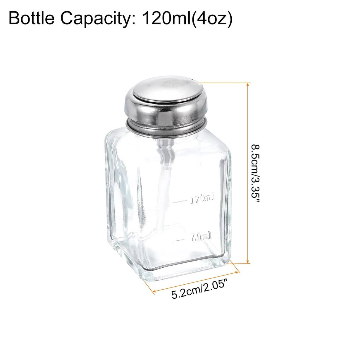 Clear glass solvent dispenser bottle with metal cap, compact 120ml size