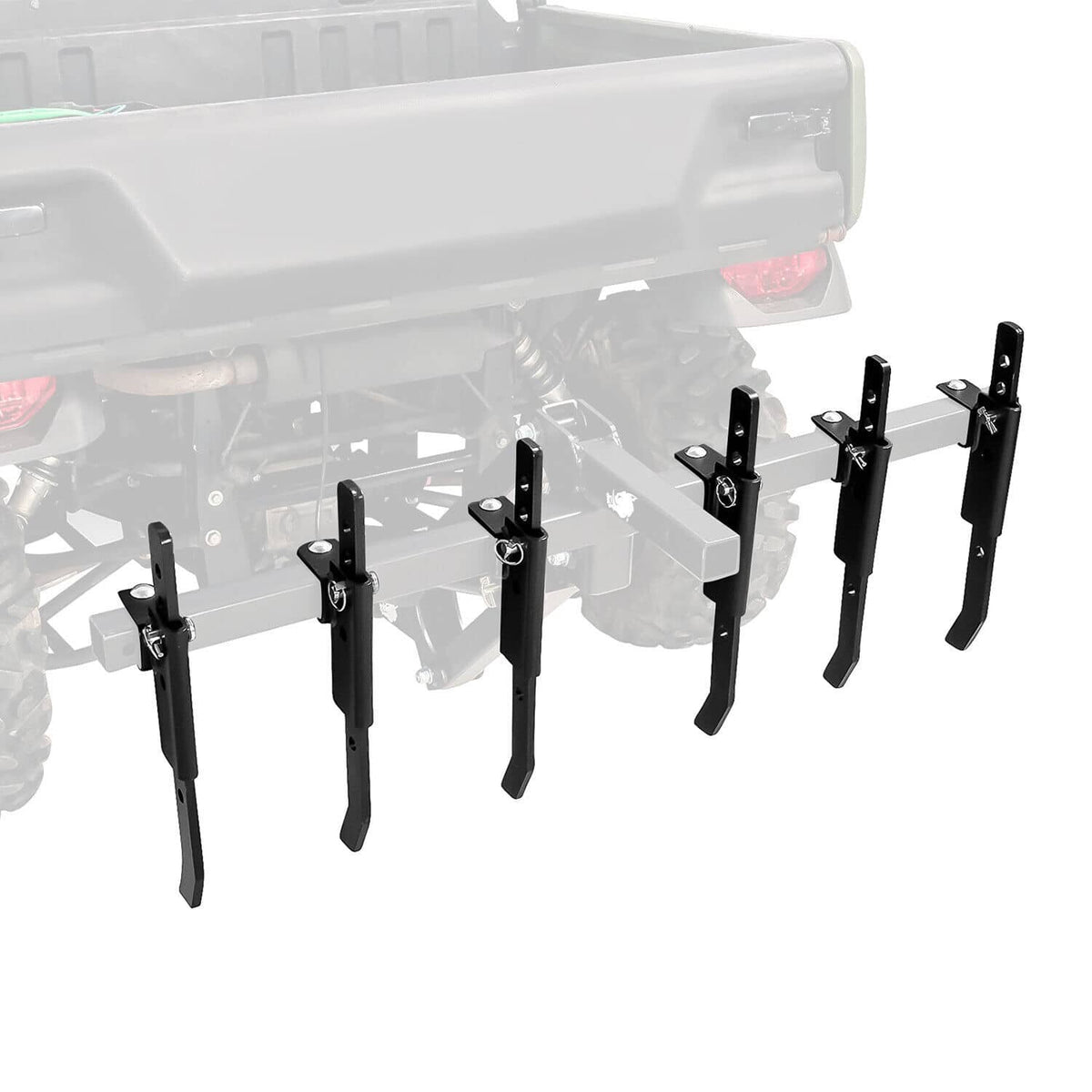 Powder-coated steel chisel plow implement mounted on an ATV/UTV, multiple black legs
