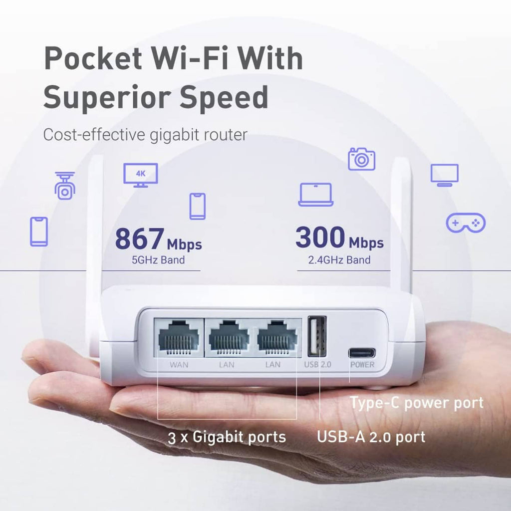 White router with three gigabit Ethernet ports, USB-A 2.0, and Type-C power.