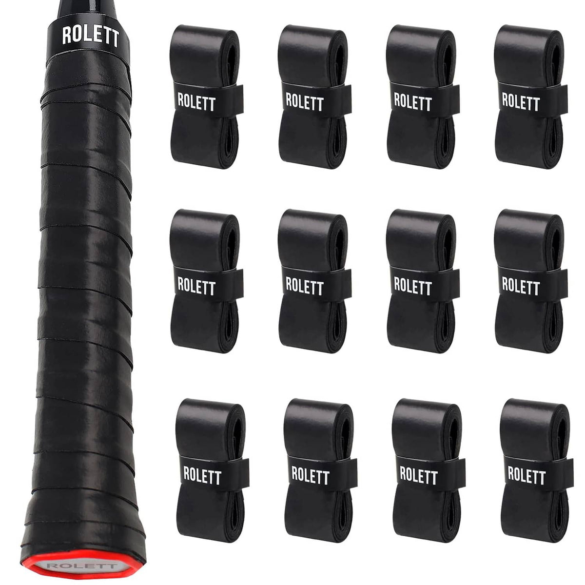 Black tennis racket grip tape, pre-cut wrap set with ROLETT branding