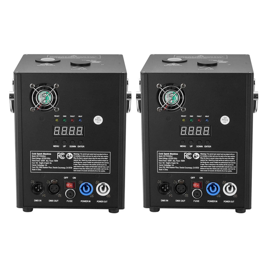 Pair of black cold spark machines, rear control panel with DMX display lights
