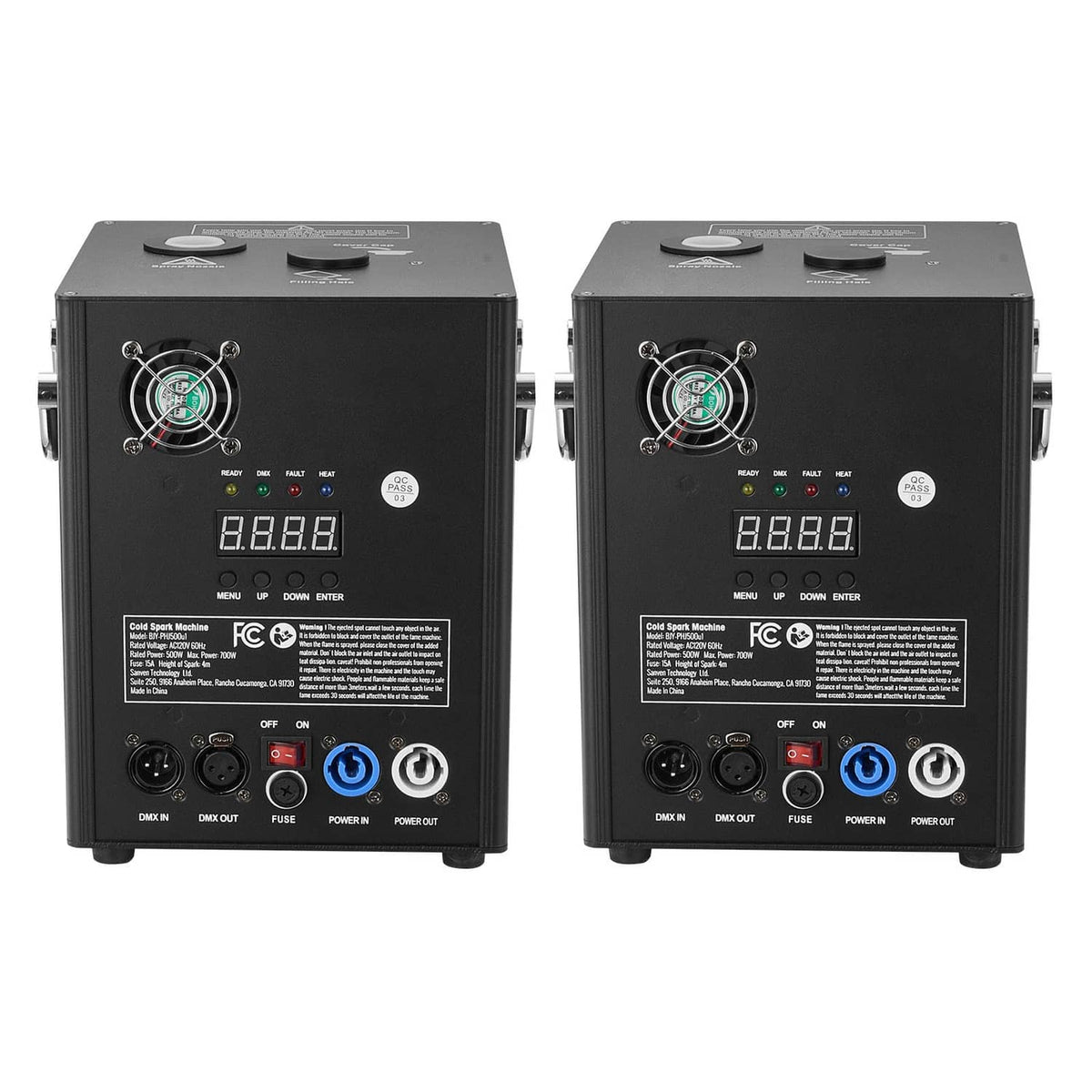 Pair of black cold spark machines, rear control panel with DMX display lights