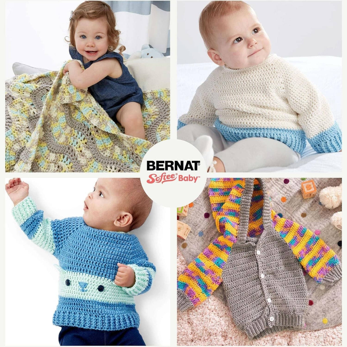 Collage of babies modeling knitted outfits made with Bernat Softee Baby yarn