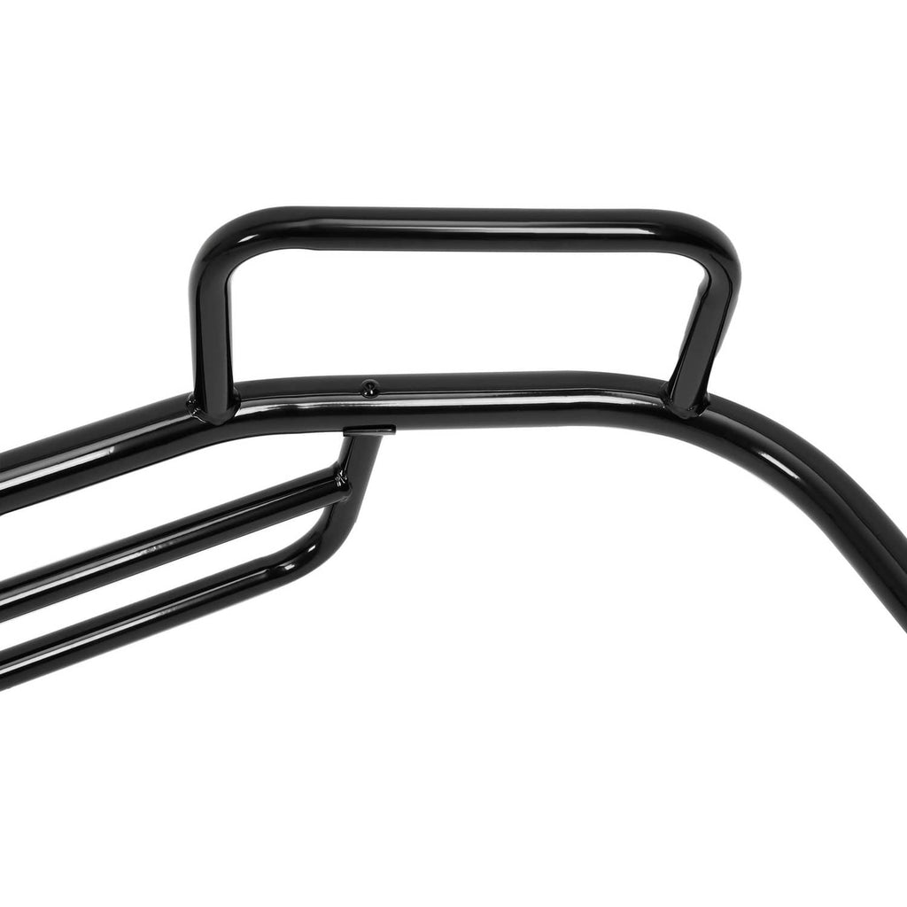Close-up of black front brush guard hoop and top frame tube with connecting bars
