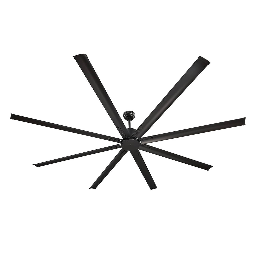 Black ceiling fan with 8 wide blades and central motor housing, no light