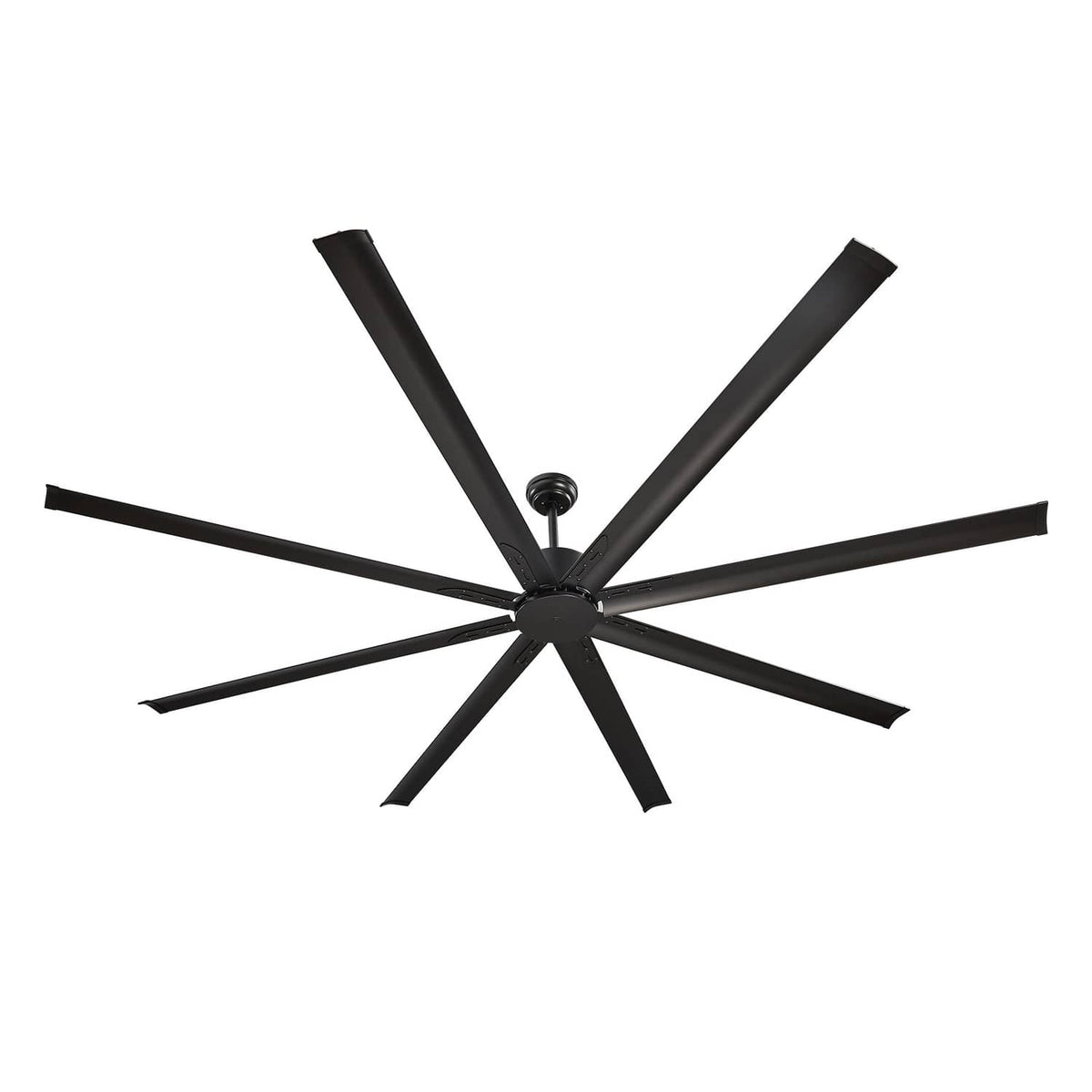 Black ceiling fan with 8 wide blades and central motor housing, no light