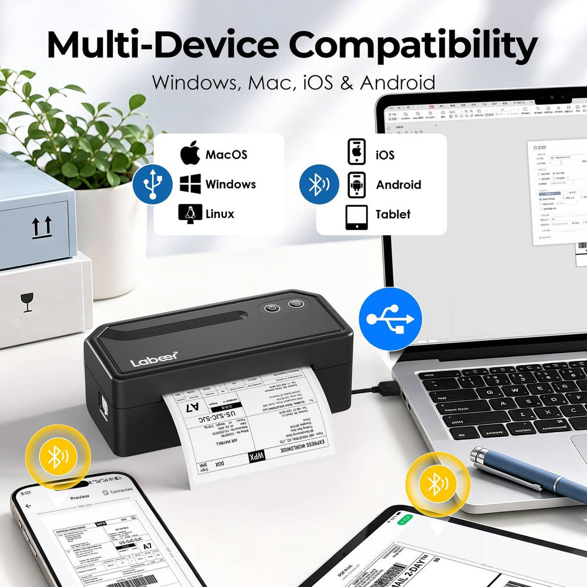 Black label printer feeding 4x6 labels beside laptop, tablet, and phone
