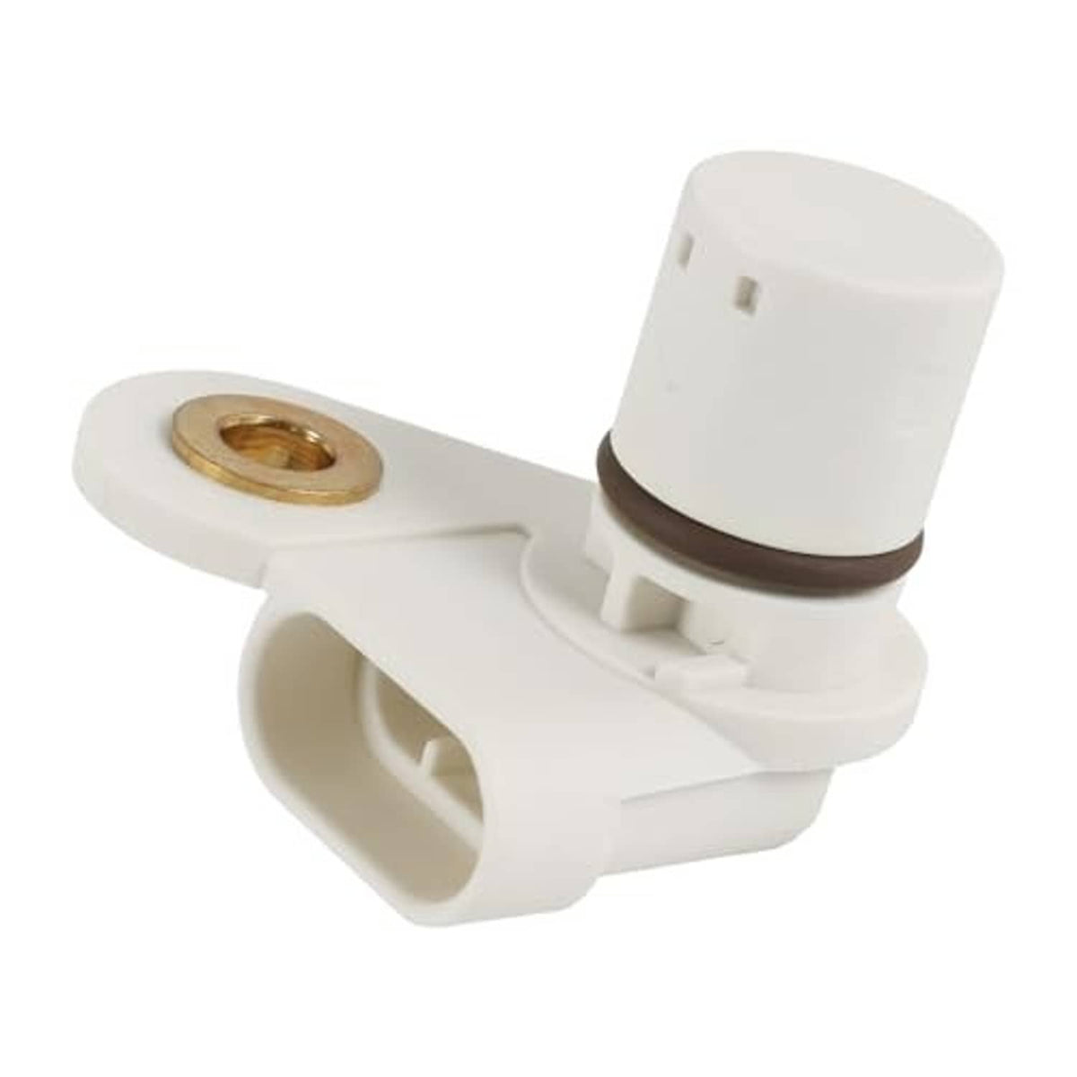 Camshaft position sensor with white fork-style bracket and gold terminal