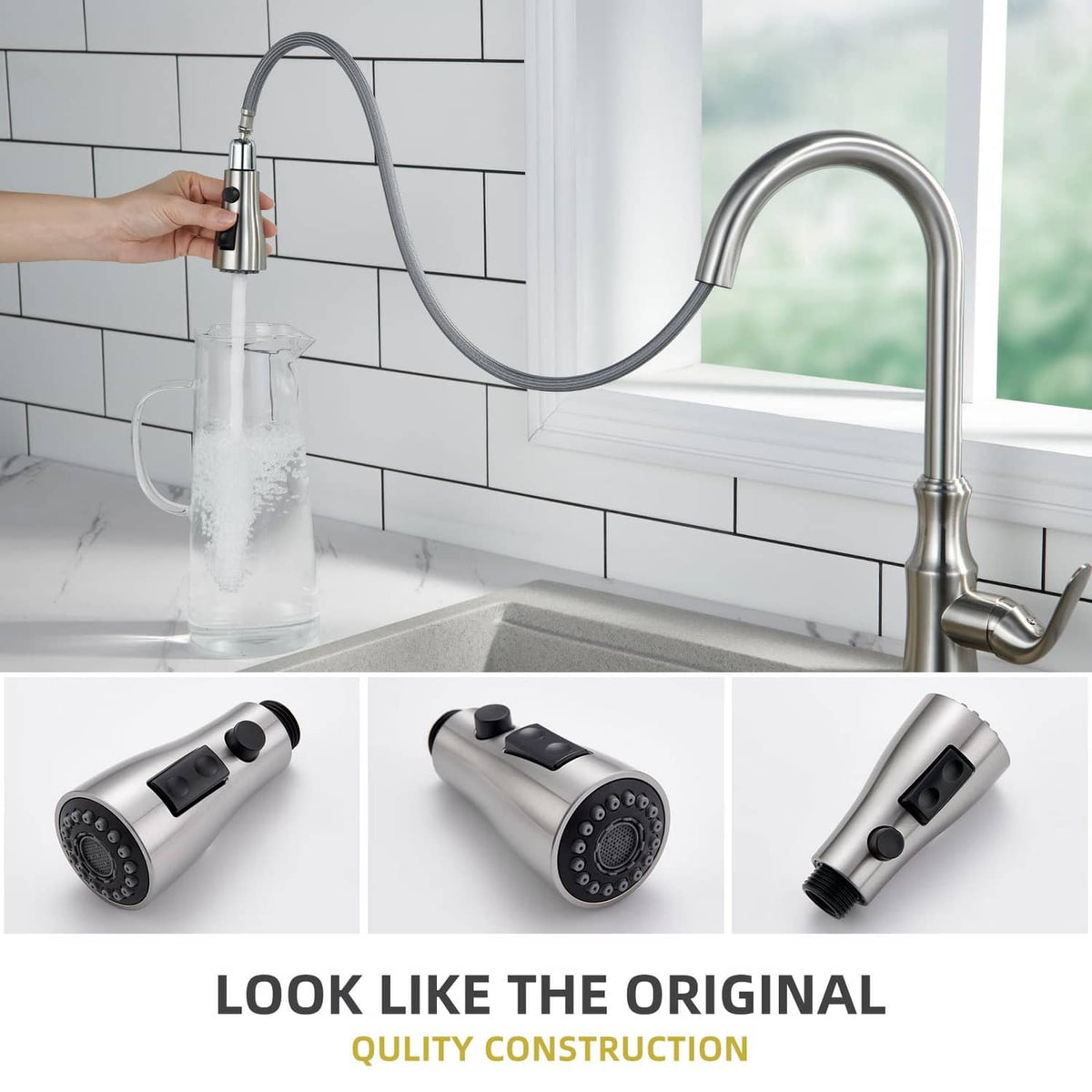 Brushed nickel flexible spray hose and handheld sprayer with black control buttons
