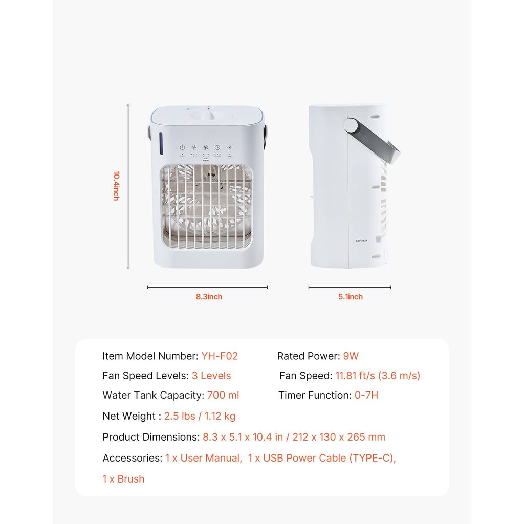 Portable air cooler with front grille and rear side panel, shown with size measurement layout