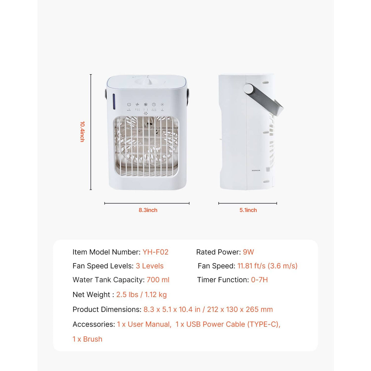 Portable air cooler with front grille and rear side panel, shown with size measurement layout