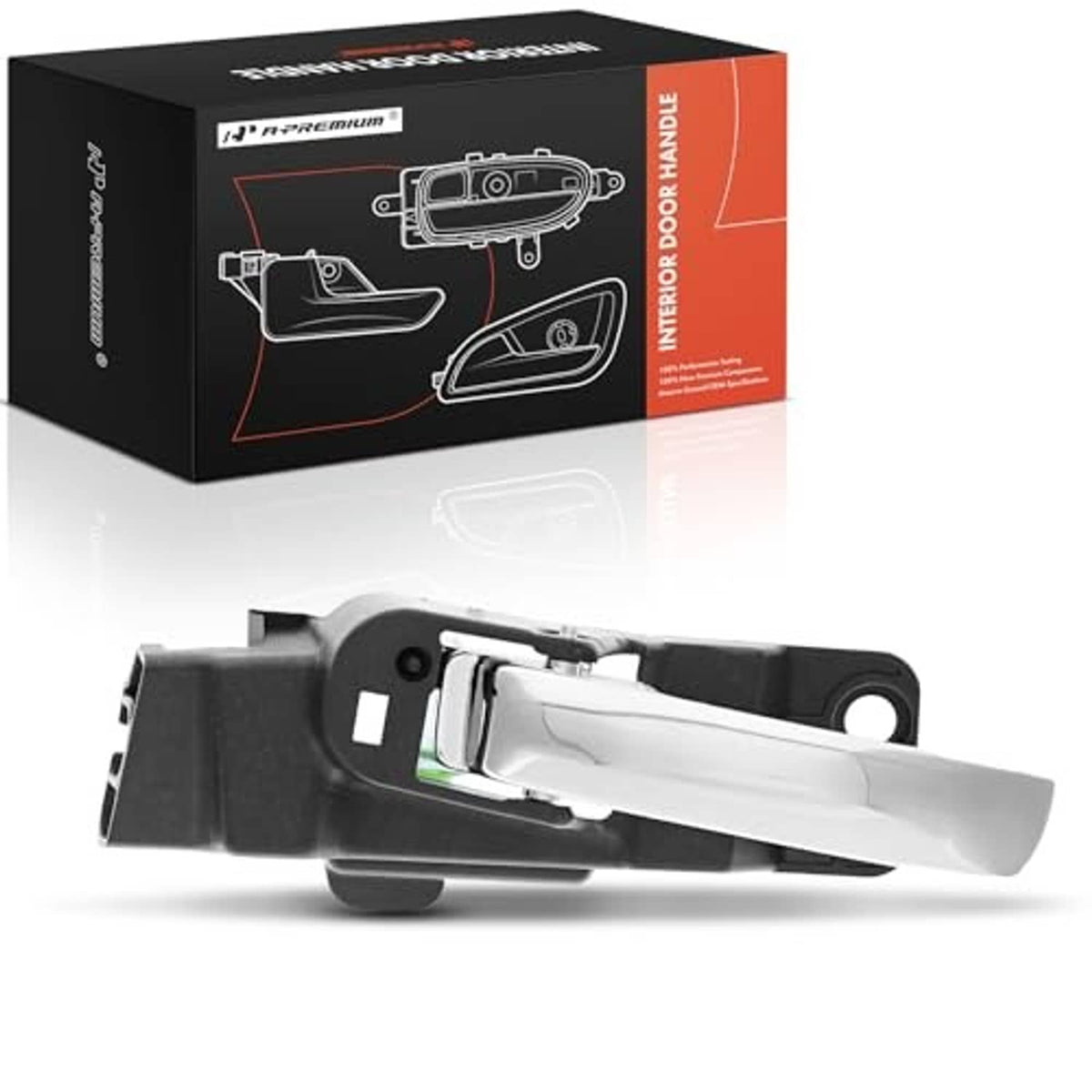 Front left interior door handle with chrome lever and black ABS housing