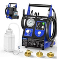 Blue and black electric brake fluid bleeder machine with pressure gauge, hose, and adapters