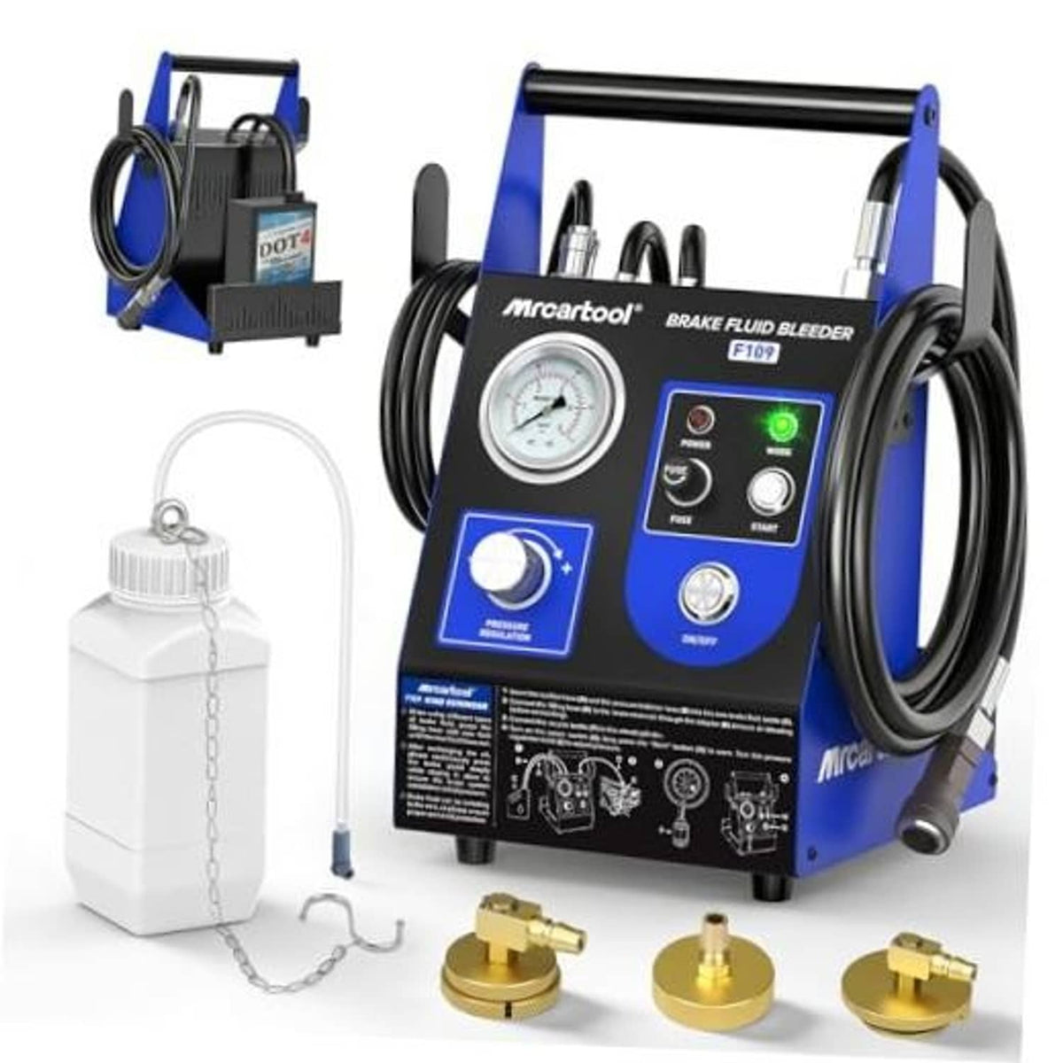 Blue and black electric brake fluid bleeder machine with pressure gauge, hose, and adapters