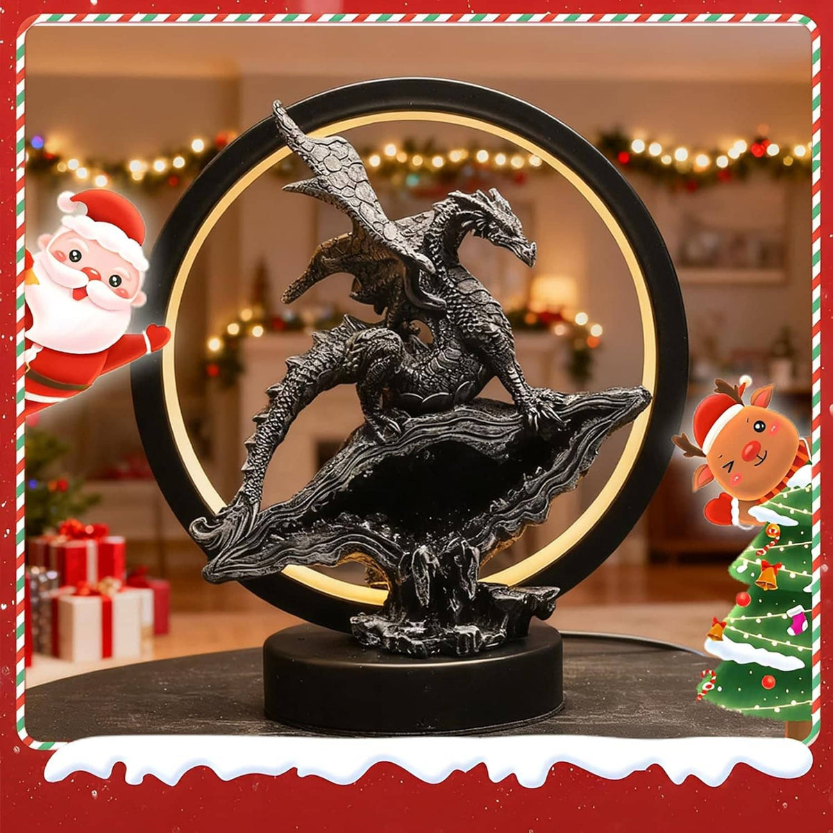 Dragon LED circle lamp with silver dragon sculpture and warm halo ring on black base