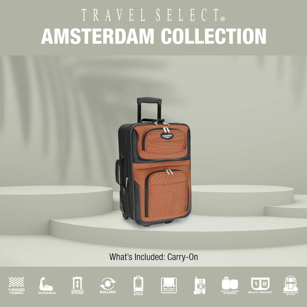 Orange and black softside carry-on luggage with telescoping handle on display
