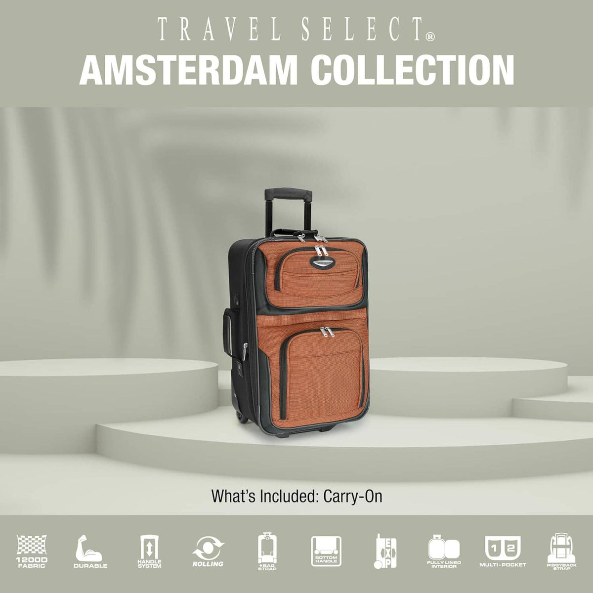 Orange and black softside carry-on luggage with telescoping handle on display
