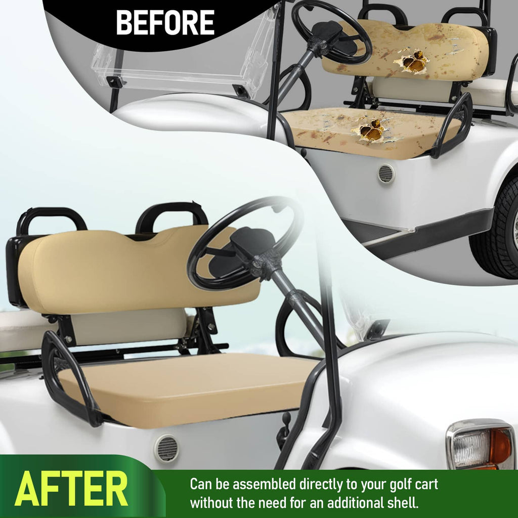 Tan seat bottom cushion assembly mounted on golf cart seat frame