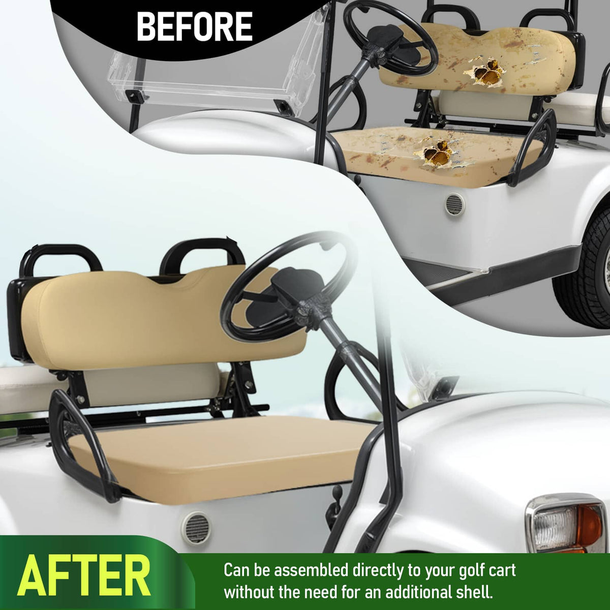 Tan seat bottom cushion assembly mounted on golf cart seat frame