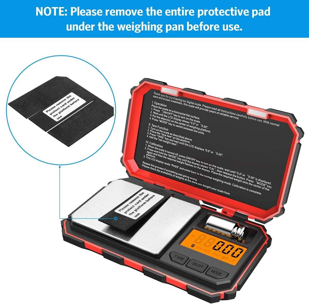 Compact digital kitchen scale with protective pad removed before weighing platform